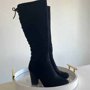 Black Faux Suede Ruched High Block Heel Boots
